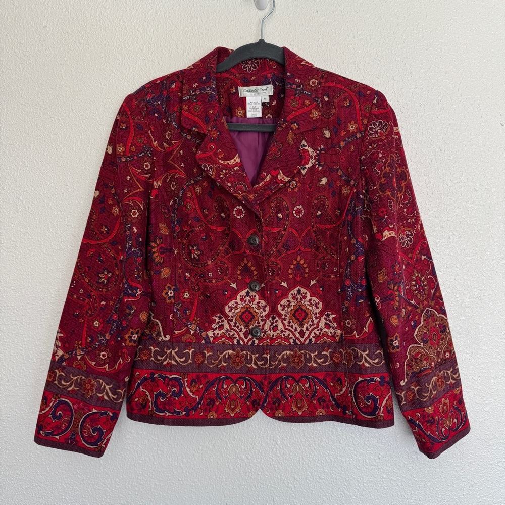 Coldwater Creek Size M Red Tapestry Paisley Floral Button Up Lined Blazer‎